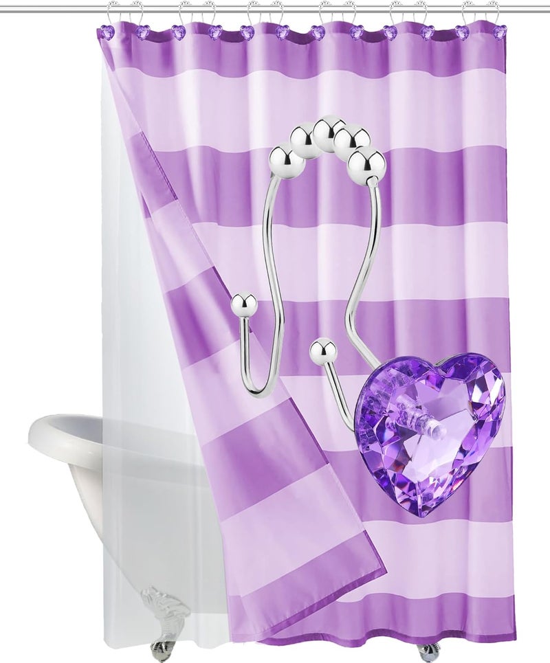 Yapicoco Shower Curtain Hooks Rings for Bathroom, 12PCS Heart Stainless Steel Rust Resistant Decorative Rhinestones Shower Curtain Rings Hangers for Shower Curtains (Double Hook Purple) - Image 5